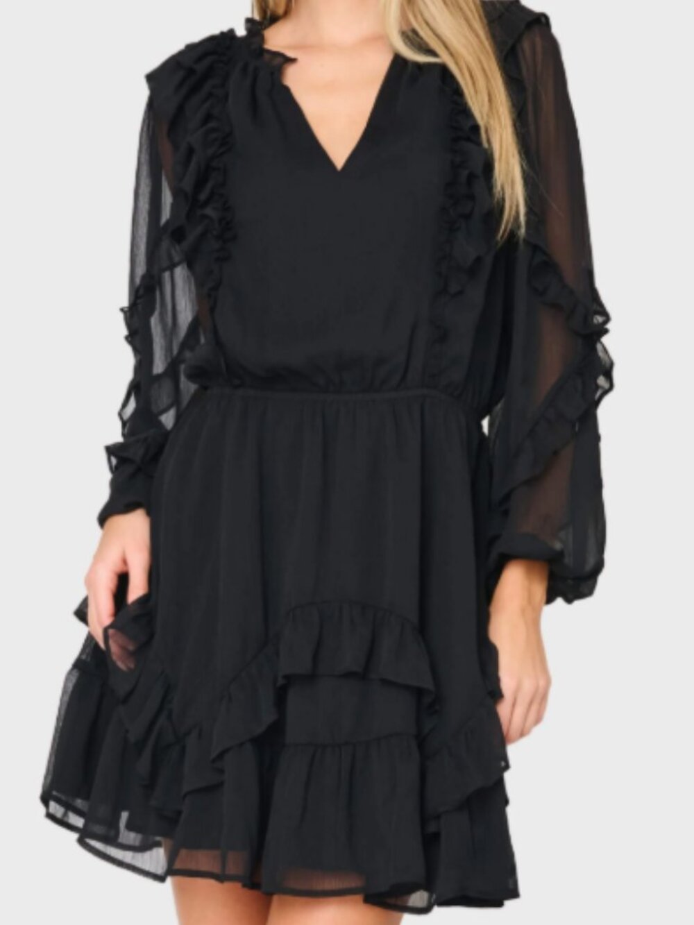 Gibson Look Chloe Ruffle Chiffon Dress – Black Small – Long Sleeve Holiday Dress